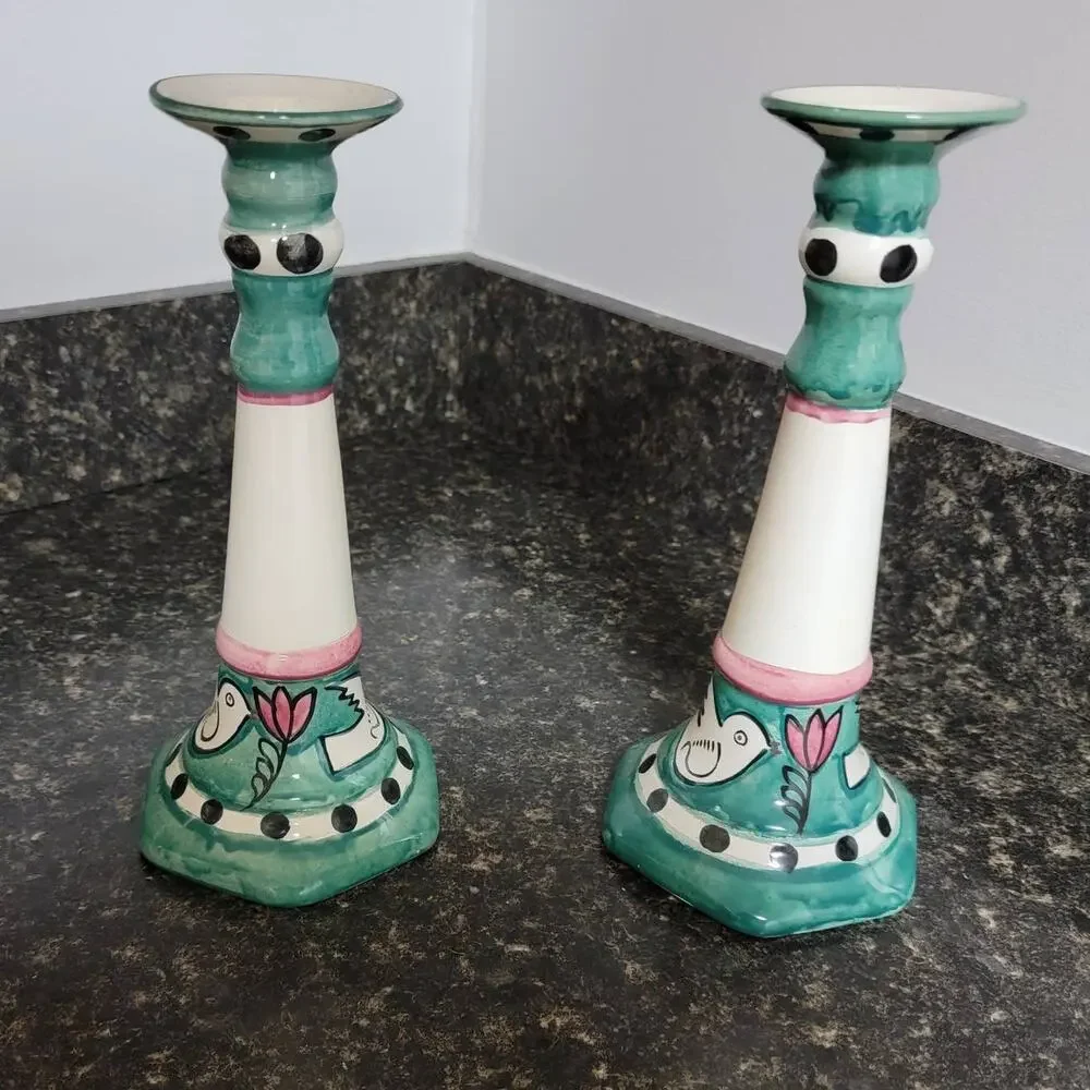 Hand Painted Pair Candlesticks Doves and Flowers
